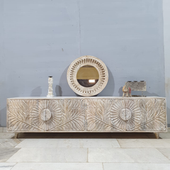 Boho Solid Wood Entertainment TV unit Carved Doors Media Console 61