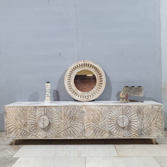 Boho Solid Wood Entertainment TV unit Carved Doors Media Console 61