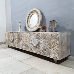 Boho Solid Wood Entertainment TV unit Carved Doors Media Console 61