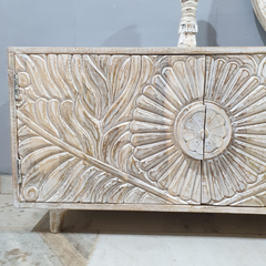 Boho Solid Wood Entertainment TV unit Carved Doors Media Console 61