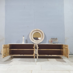 Boho Solid Wood Entertainment TV unit Carved Doors Media Console 61