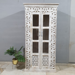 Kalah Hand Carved Glass Door Solid Wooden Cupboard Wardrobe D122