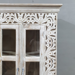 Kalah Hand Carved Glass Door Solid Wooden Cupboard Wardrobe D122