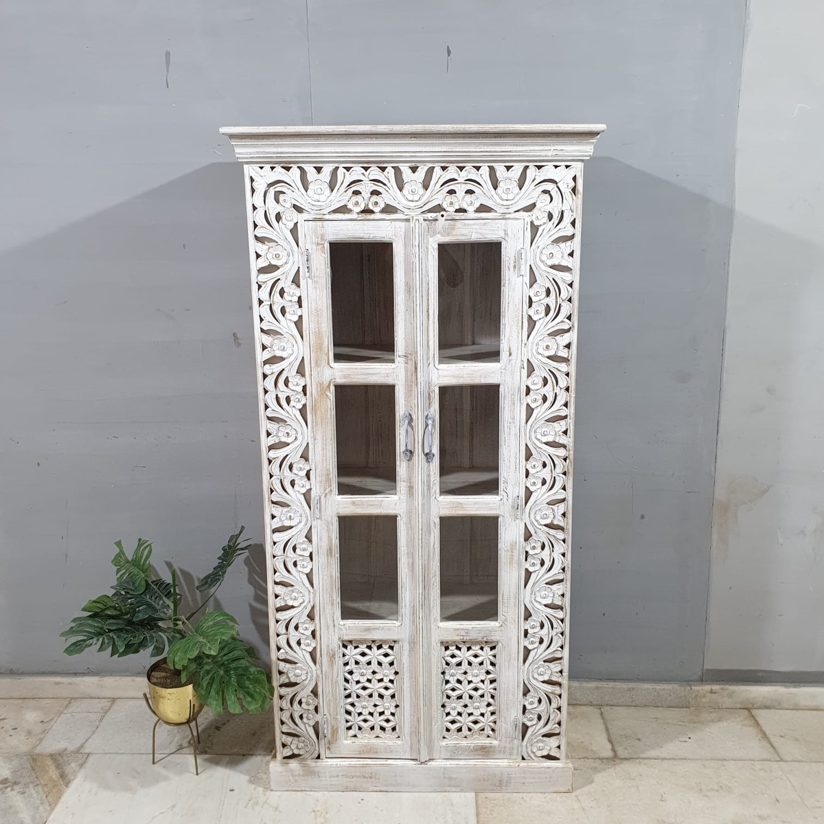 Kalah Hand Carved Glass Door Solid Wooden Cupboard Wardrobe D122
