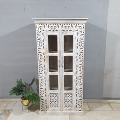 Kalah Hand Carved Glass Door Solid Wooden Cupboard Wardrobe D122