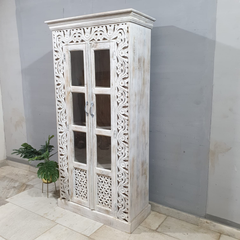 Kalah Hand Carved Glass Door Solid Wooden Cupboard Wardrobe D122