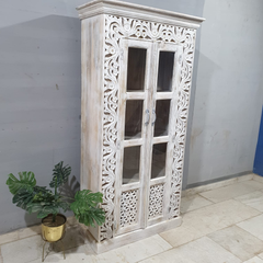 Kalah Hand Carved Glass Door Solid Wooden Cupboard Wardrobe D122