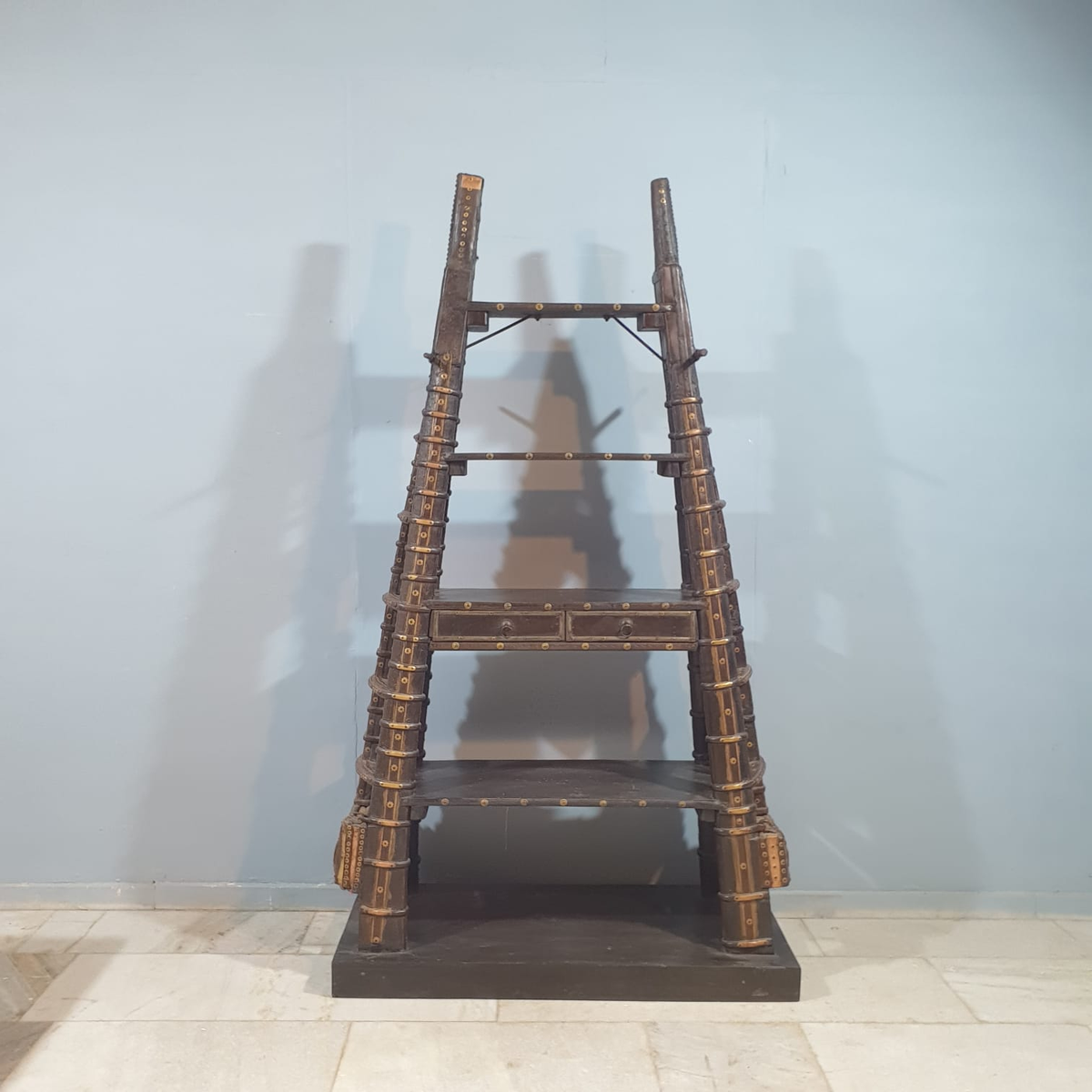 Restored Vintage Bullock Cart Shelf Metal and Brass Bookshelf Display Shelf B52