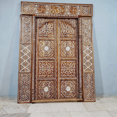 Indian Vintage Antique Hand Carved Teak Wood Mother of Pearl Inlay Door 31