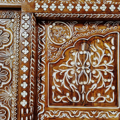 Indian Vintage Antique Hand Carved Teak Wood Mother of Pearl Inlay Door 31