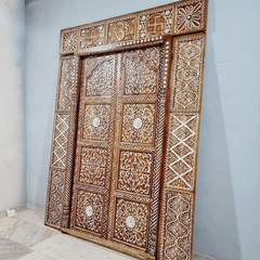 Indian Vintage Antique Hand Carved Teak Wood Mother of Pearl Inlay Door 31