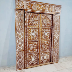 Indian Vintage Antique Hand Carved Teak Wood Mother of Pearl Inlay Door 31