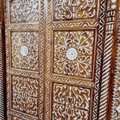 Indian Vintage Antique Hand Carved Teak Wood Mother of Pearl Inlay Door 31