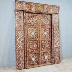 Indian Vintage Antique Hand Carved Teak Wood Mother of Pearl Inlay Door 31