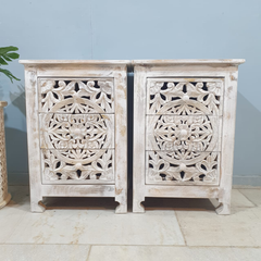 Indian Hand Carved Floral Jali Solid Wood Bedside Tables 104