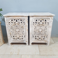 Indian Hand Carved Floral Jali Solid Wood Bedside Tables 104