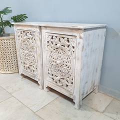 Indian Hand Carved Floral Jali Solid Wood Bedside Tables 104