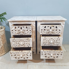 Indian Hand Carved Floral Jali Solid Wood Bedside Tables 104