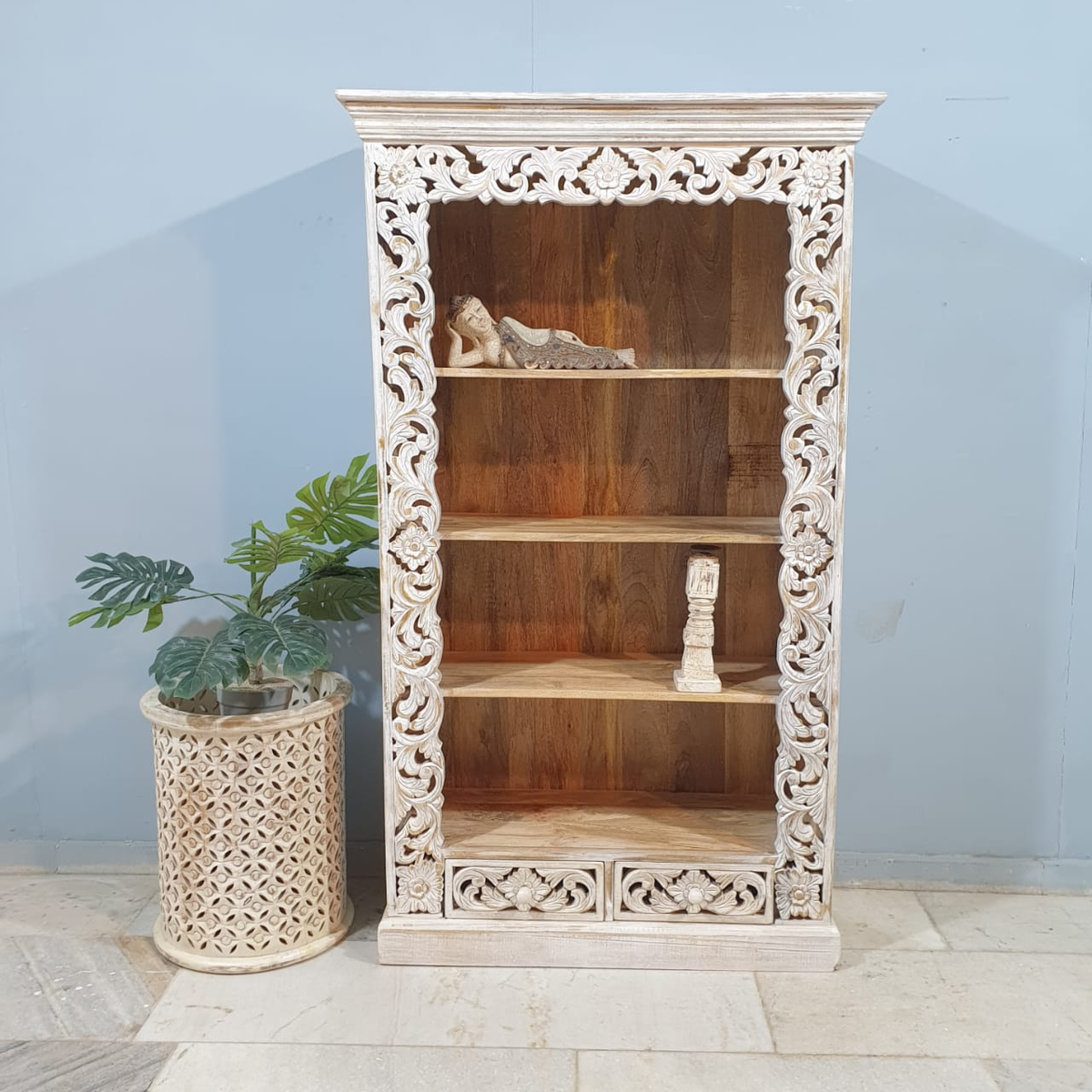 Hand Carved Jali Solid Wood Bookshelf Display Shelf B55