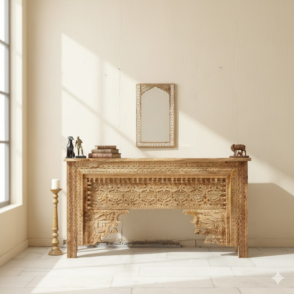 Indian Hand Carved Hall Console Table Natural 63