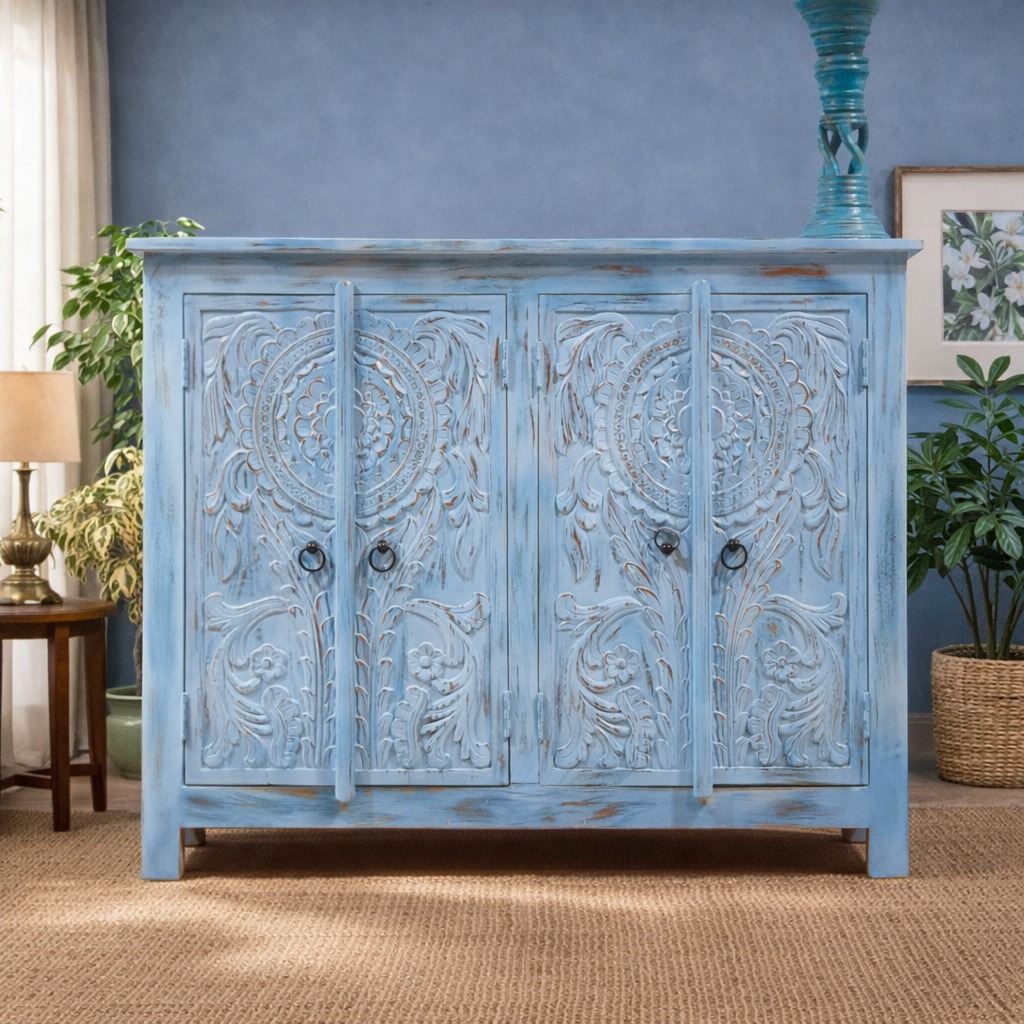 Vintage Hand Carved Solid Wood 4 Door Sideboard Blue 115X40X90 cm