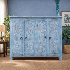 Vintage Hand Carved Solid Wood 4 Door Sideboard Blue 115X40X90 cm