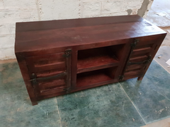 Indian Furniture Handmade Carved Solid Hard Wood 2 Doors Tv Unit Entertainment Unit Brown 130x45x65Cm