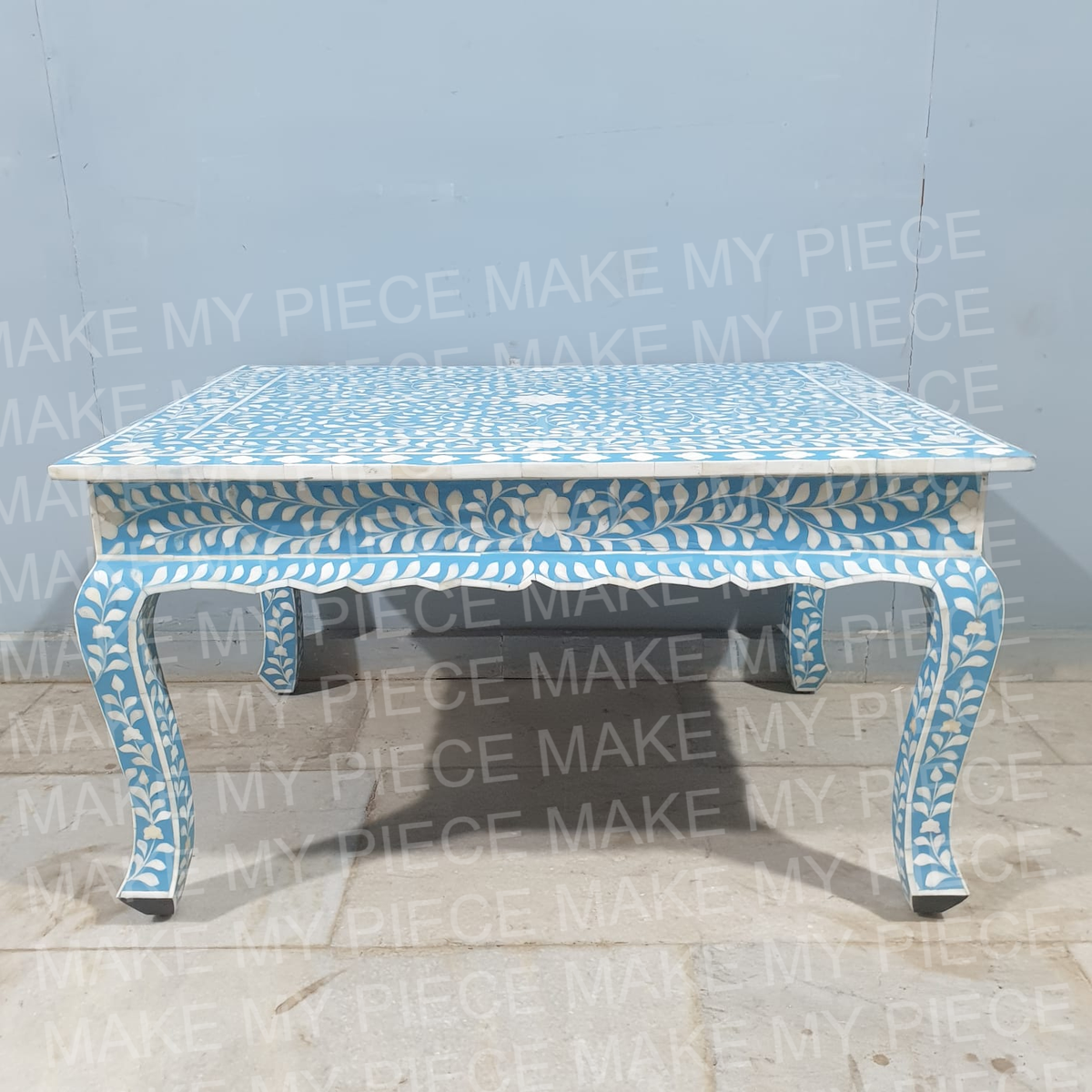 PETER Bone Inlay Anne French Solid Wood Coffee Table Blue White Floral Pattern