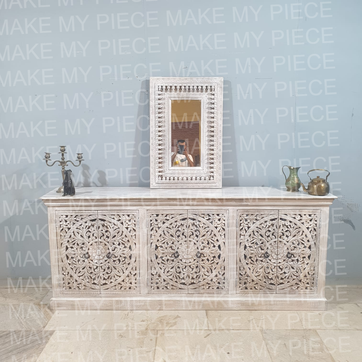 CASEY Indian Handmade Carved Solid Wood 3 Doors Jali Design Sideboard Rustic White