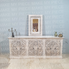 CASEY Indian Handmade Carved Solid Wood 3 Doors Jali Design Sideboard Rustic White