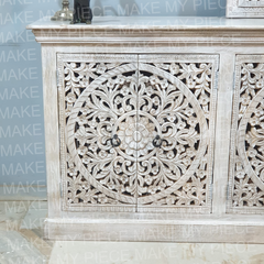 CASEY Indian Handmade Carved Solid Wood 3 Doors Jali Design Sideboard Rustic White