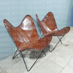 YVONNE Aged Leather Iron Butterfly Chair Set Of 2 Brown