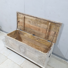 Indian Hand Carved Solid Wood Blanket Box Rustic C23