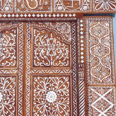 Indian Vintage Antique Hand Carved Teak Wood Mother of Pearl Inlay Door 31