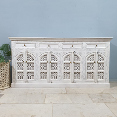 Handmade Indian Furniture Solid Hard Wood Carved 8Doors and 4 Drawers Sideboard White 200x40x100Cm