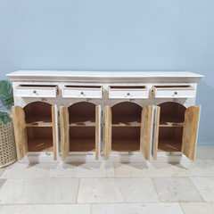 Handmade Indian Furniture Solid Hard Wood Carved 8Doors and 4 Drawers Sideboard White 200x40x100Cm