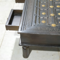 Handmade Indian Furniture Solid Mango Wood Carved Coffee Table With 2 Drawers Brass Work