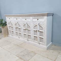 Handmade Indian Furniture Solid Hard Wood Carved 8Doors and 4 Drawers Sideboard White 200x40x100Cm