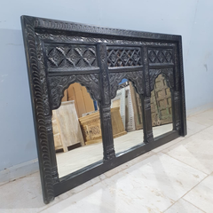 Handmade Indian Furniture Solid Mango Wood Carved Triple Mehrab Mirror Frame in Dark Brown