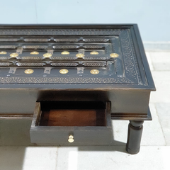 Handmade Indian Furniture Solid Mango Wood Carved Coffee Table With 2 Drawers Brass Work