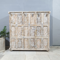 Indian Furniture Handmade Solid Wood Sideboard White Rustic Carved whitewash 150x45x150Cm