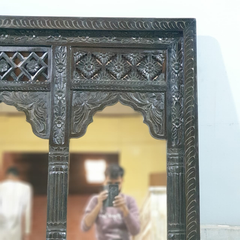 Handmade Indian Furniture Solid Mango Wood Carved Triple Mehrab Mirror Frame in Dark Brown