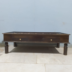 Handmade Indian Furniture Solid Mango Wood Carved Coffee Table With 2 Drawers Brass Work