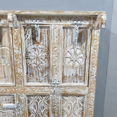 Indian Furniture Handmade Solid Wood Sideboard White Rustic Carved whitewash 150x45x150Cm