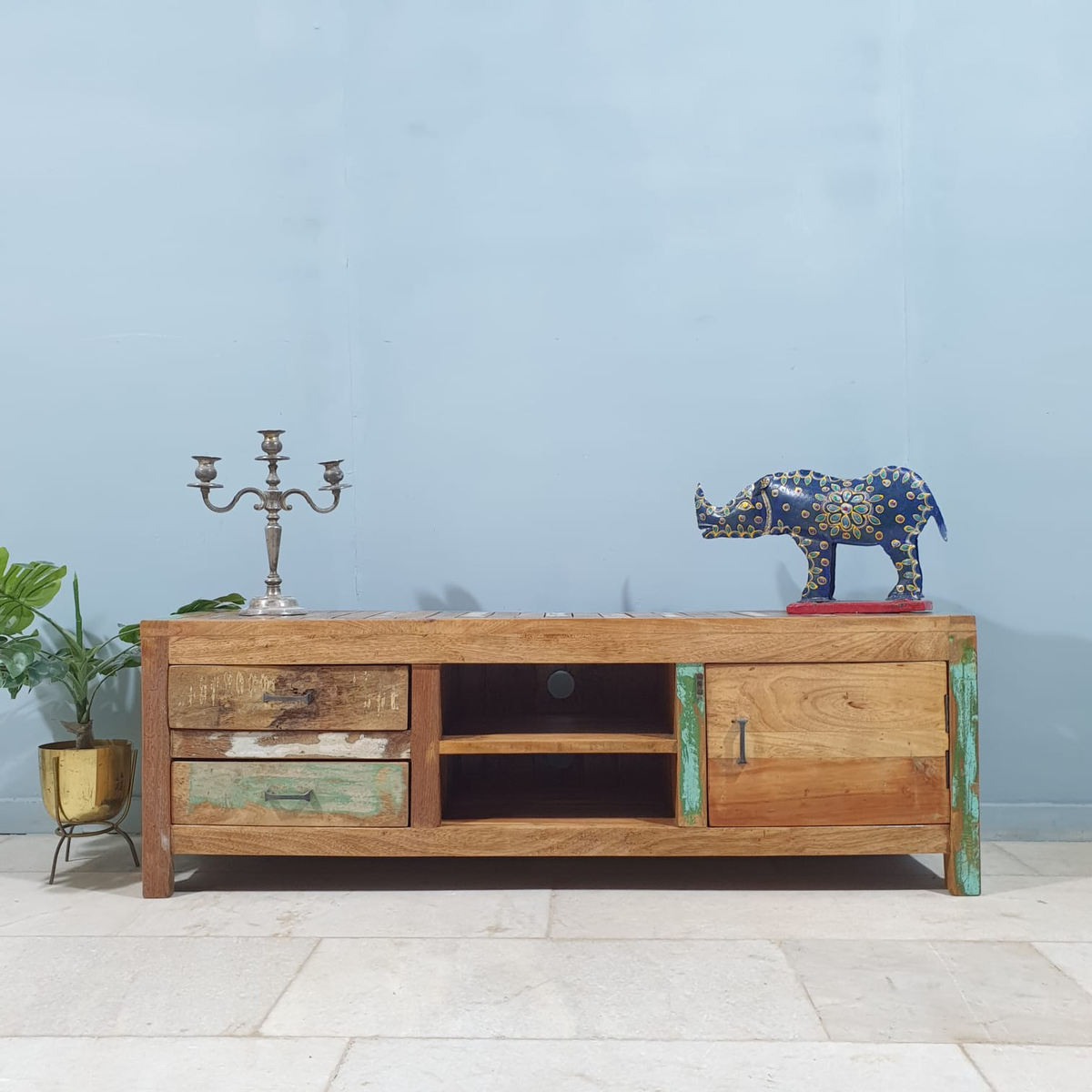 Handmade Indian Furniture Reclaimed Solid Wood Carved TV Unit With Drawers