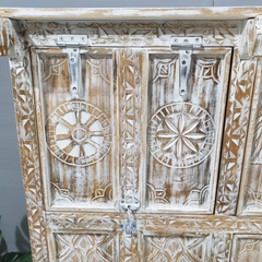 Indian Furniture Handmade Solid Wood Sideboard White Rustic Carved whitewash 150x45x150Cm