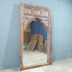 Handmade Indian Furniture Solid Mango Wood Large Arch Mirror Frame Rustic White 120x200Cm