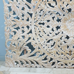 Handmade Indian Furniture Solid Mango Wood Floral Carvings Wall Panel Whitewash