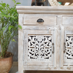 Indian Furniture Handmade Mango Wood Carving 3 Doors Drawers Sideboard Rustic white 150x40x100Cm