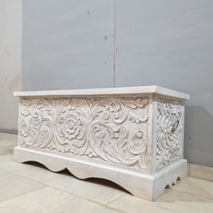 Medium Handcrafted Carved Indian Furniture Handmade Solid Wood Blanket Box in Whitewash 110x50x50cm